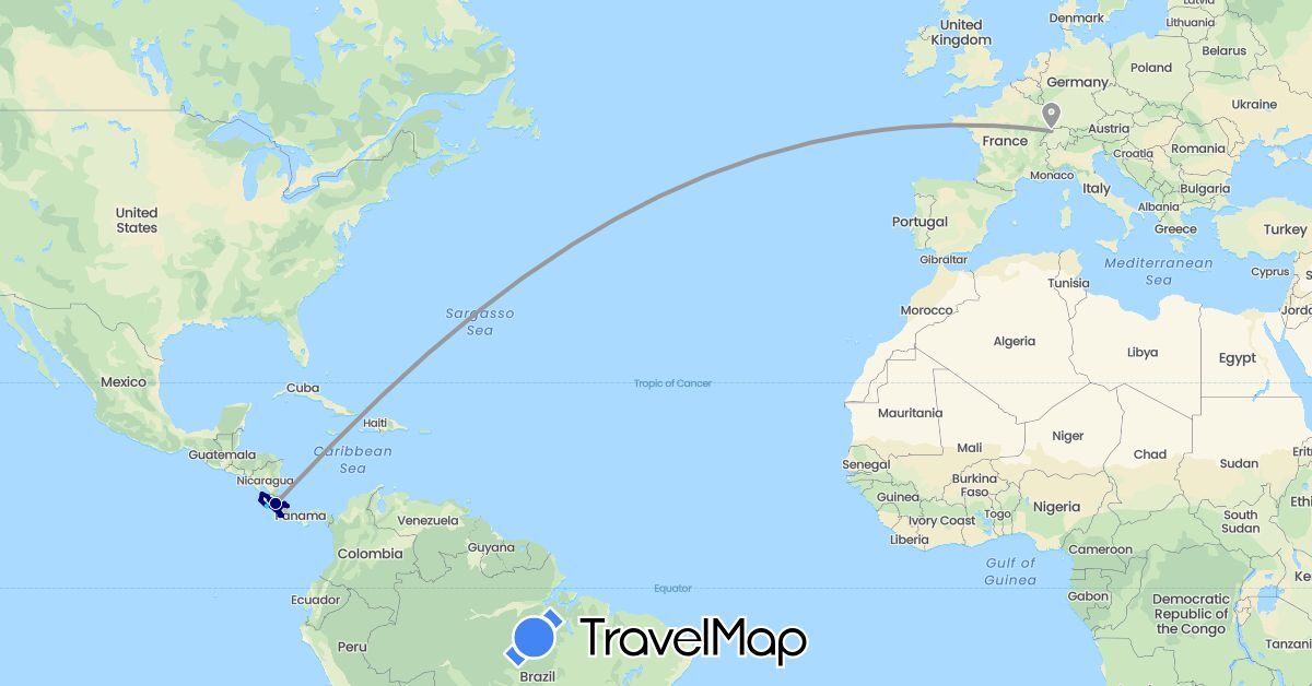 TravelMap itinerary: driving, plane, boat in Switzerland, Costa Rica (Europe, North America)